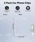 Car Visor Photo Clip 2 Pack With No Slip Magnetic Holders That Keep Photos From Sliding Or Falling, showing dimensions and clear clips.