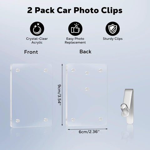 Car Visor Photo Clip 2 Pack With No Slip Magnetic Holders That Keep Photos From Sliding Or Falling, showing dimensions and clear clips.