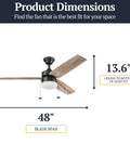 48 Inch Modern Farmhouse LED Ceiling Fan With Light And Pull Chain Indoor Use Dual Mounting Reversible Motor dimensions diagram