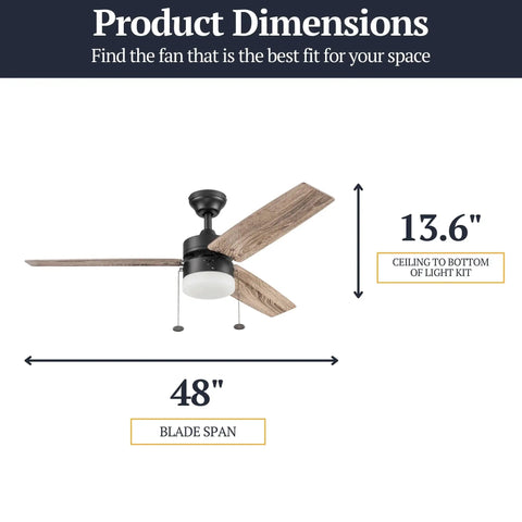 48 Inch Modern Farmhouse LED Ceiling Fan With Light And Pull Chain Indoor Use Dual Mounting Reversible Motor dimensions diagram