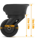 360 Degree Swivel Suitcase Wheels Replacement Caster For Luggage Travel Durable PVC Rubber Hybrid Construction For Quiet Smooth Rolling DIY Repair Pack Black Spinner Wheel Set Fits Most Suitcases, side view with dimensions