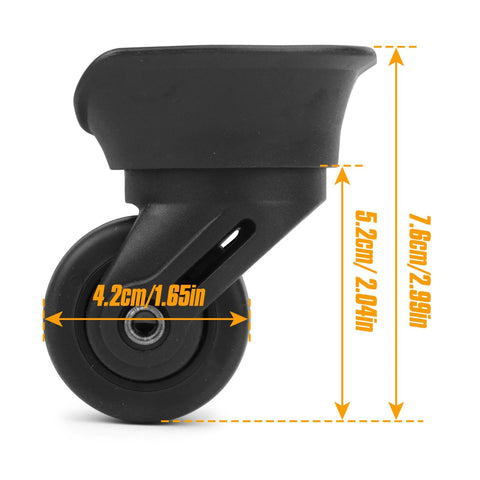 360 Degree Swivel Suitcase Wheels Replacement Caster For Luggage Travel Durable PVC Rubber Hybrid Construction For Quiet Smooth Rolling DIY Repair Pack Black Spinner Wheel Set Fits Most Suitcases, side view with dimensions