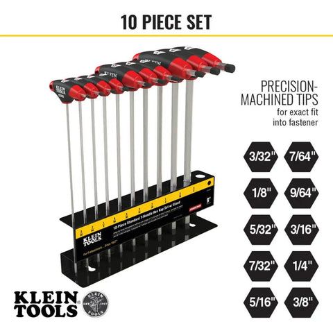 Tough As Nails T-Handle Hex Key Set With Stand, showing 10 SAE inch wrenches with 9-inch blades and dual-material Journeyman handles.
