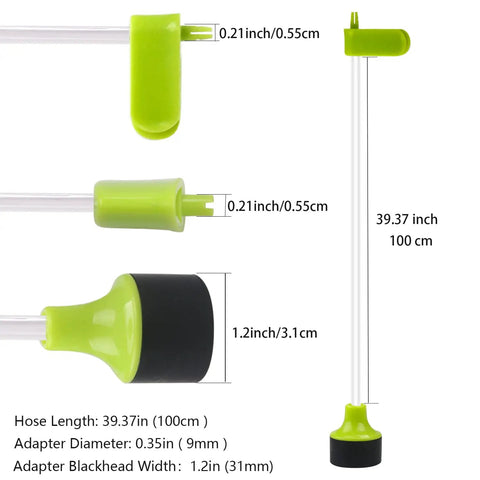 Universal Vacuum Sealer Accessory Hose with dimensions, featuring green adapter and black head, no adapter needed, 39.37 inch length