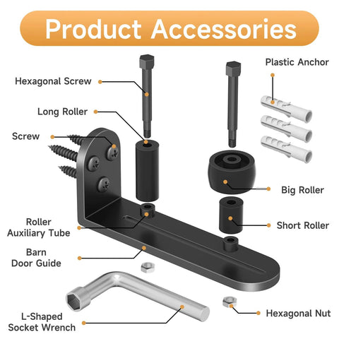 Four Piece Sliding Barn Door Floor Guide Set With Adjustable Rollers, Heavy Duty Aluminum Hardware accessories on display