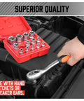 14 Piece ETORX Socket Set Pro Grade Female Torx Sockets For 1 Quarter Inch 3 Eighth Inch And 1 Half Inch Drives E4 Through E24 External Torx Sockets Built To Last And Gearhead Ready For Any Garage Job in red case on car engine with hand using ratchet