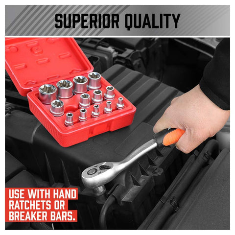 14 Piece ETORX Socket Set Pro Grade Female Torx Sockets For 1 Quarter Inch 3 Eighth Inch And 1 Half Inch Drives E4 Through E24 External Torx Sockets Built To Last And Gearhead Ready For Any Garage Job in red case on car engine with hand using ratchet