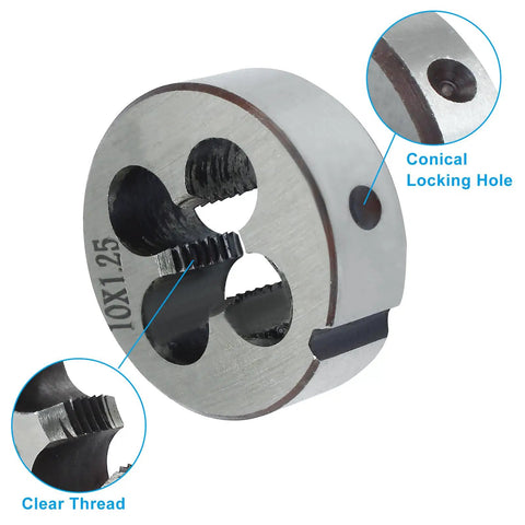 M10 X 1.25 Tap And Die Set For Metalworking, HSS Machine Thread Tap Die Kit with clear thread and conical locking hole close-up