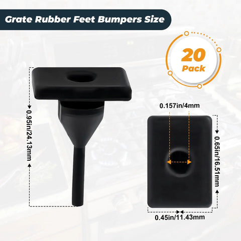 RV Stove Grate Feet Bumpers 20 Pack Heavy-Duty Rubber Feet Replacement dimensions and design details.