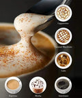 Close-up of foam frothing on coffee with images of cappuccino, latte, mocha, espresso, caramel macchiato, and Americano.