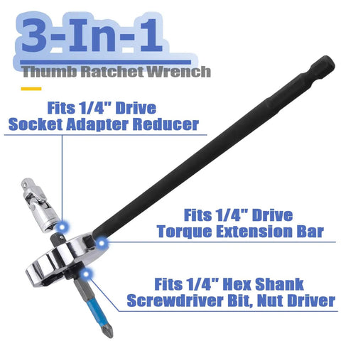 Three In One Palm Ratchet One Quarter Inch Drive Finger Ratchet Reversible Thumbwheel Wrench with socket adapter reducer.
