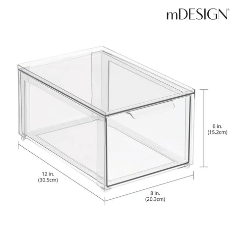 Stackable Closet Organizer Bin With Pull Out Drawer For Shoes Clothes Bags And More In Clear Plastic Lumiere Collection 2 Pack Built For Easy Closet Storage And Quick Access, dimensions shown