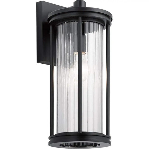 Lit 16 Inch Outdoor Wall Light 1 Light Sconce With Clear Ribbed Glass In Black Finish, Classic Exterior Fixture