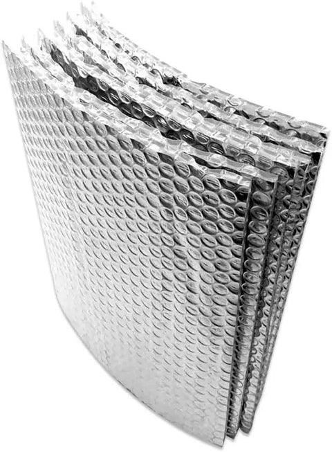 Double Bubble Reflective Foil Insulation Roll 48X1250ft 5000sqft R8 To R24 Rating in a folded stack showing foil texture.