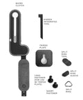 Micro Clutch L Plate Hand Strap for Mirrorless Cameras with ARCA compatible base, finger loop, tools, and fasteners displayed.