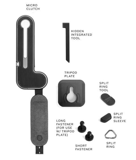 Micro Clutch L Plate Hand Strap for Mirrorless Cameras with ARCA compatible base, finger loop, tools, and fasteners displayed.