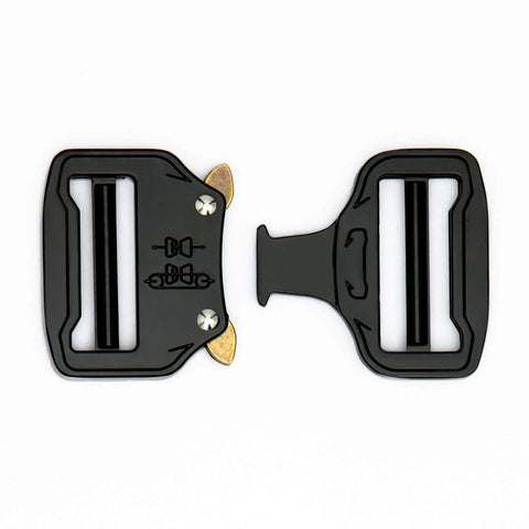 Dual Adjustable No Sew Tactical Belt Buckle For 1.0in To 2.25in Belts Aluminum Alloy Duty Belt Buckle That Replaces Your 1.5in Or 2in Belt Clip Built Tough Easy Quick Release No Sewing Needed, showing two part design on white.