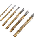 Six gold-colored twist drill bits set with serrated side saw for wood, PVC and plastic grooving chamfering