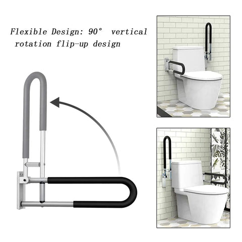 Fold Down Grab Bar 24 Inch Flip Up Handicap Support Wall Mounted Shower Safety Bar With Non Slip Grips installed beside a toilet