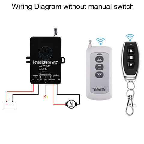 Front view of idealWIN 12-72V 30A waterproof forward/reverse switch with wireless remote and key fob