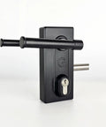 Badass Stainless Steel Gate Lock With Adjustable Deadbolt And Three Keys For Heavy Duty Fence Security Built Tough For Daily Outdoor Use On Wood Or Metal Gates, close-up view showing keyhole and handle.
