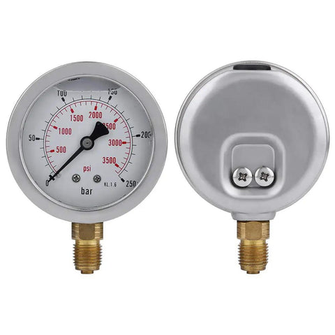 Front and back view of gauge from Pro Grade Hydraulic Hose Pressure Test Kit With Gauge, M16 To Quarter Inch BSP, 250 Bar And 3600 PSI