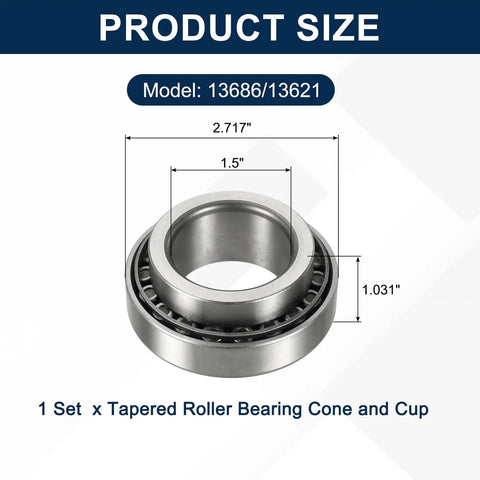Tapered Roller Bearing Cone And Cup Set For 1.5 Inch Bore, 2.717 Inch Outer Diameter, 1.031 Inch Width, Chrome Steel High Strength Bearing Kit For Heavy Loads, Smooth Spins And Durable Performance, size chart