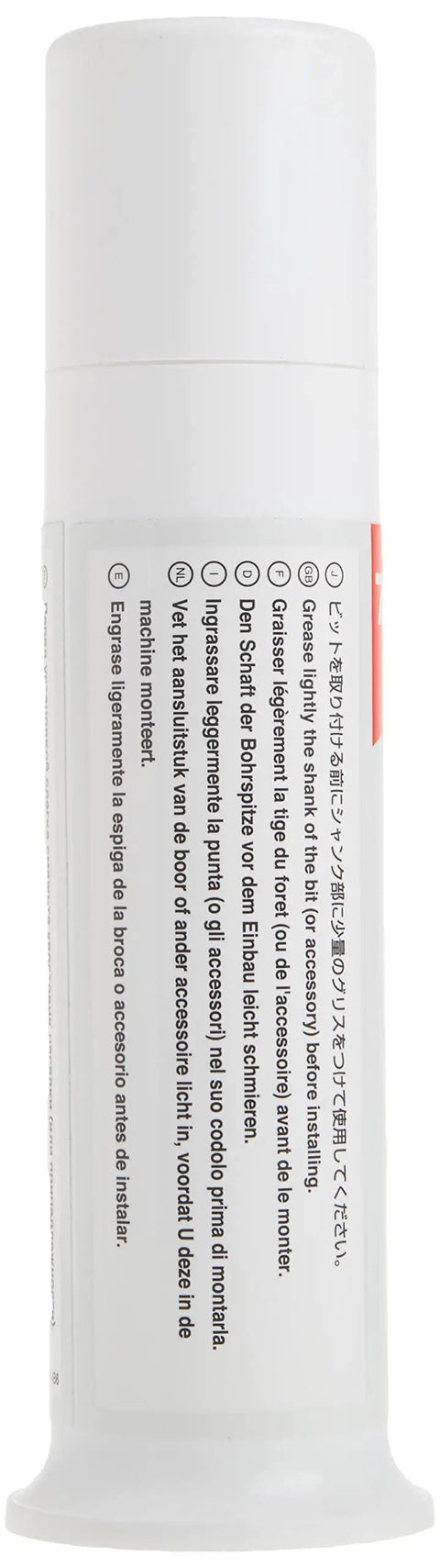 Side view of Beefed Up Hammer Bit Grease Vessel For Rotary And Hammer Bits Pro Grade Lubrication Kit, white spill-proof container