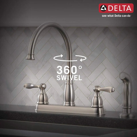Windemere Brushed Nickel Kitchen Faucet With Side Sprayer Four Hole 8 Inch Center Installation Two Handle 360 swivel feature