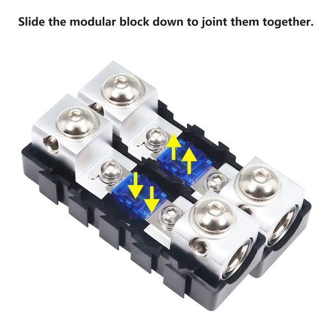 Built Tough Modular Inline Fuse Block Kit Featuring ANL To Mini ANL Holders For 1 0 2 4 Gauge Wires with connectors and fuses on a black board.