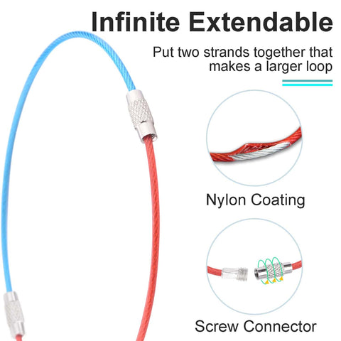 16 Pack Stainless Steel Wire Key Rings 2mm Nylon Coated Cable demonstrating screw connector and infinite extension