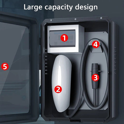 Electric Vehicle Charger Pedestal Stand And Lockable Weatherproof Charging Station Housing interior showing large capacity design components.