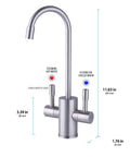 Instant On Demand Hot Water Dispenser System With 2.5 Quart Tank, manual lever faucet, brushed nickel, dimensions labeled