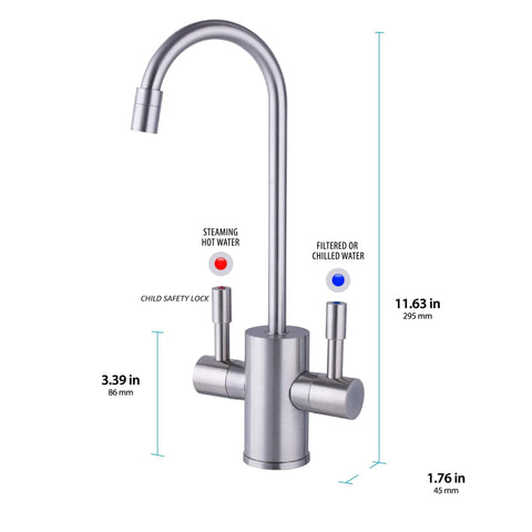 Instant On Demand Hot Water Dispenser System With 2.5 Quart Tank, manual lever faucet, brushed nickel, dimensions labeled