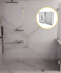 Shower with inset showing Glass To Glass Mount Hinge 180 Degree Self Closing Satin Finish Solid Forged Brass Dope Beveled Edge.