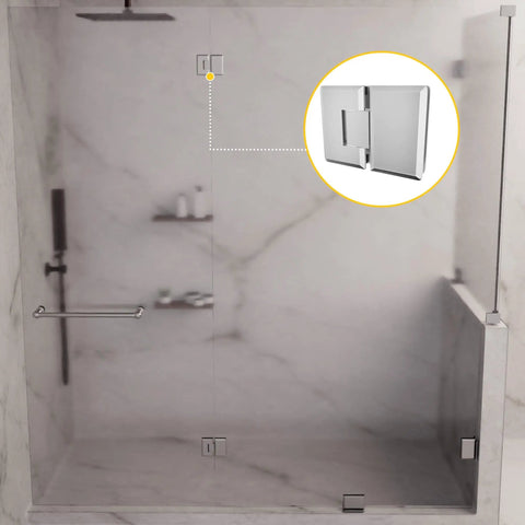 Shower with inset showing Glass To Glass Mount Hinge 180 Degree Self Closing Satin Finish Solid Forged Brass Dope Beveled Edge.