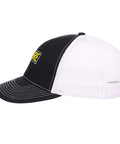 Black and white lightweight women's low profile trucker cap with adjustable buckle for all day comfort and breathable fit, side view.