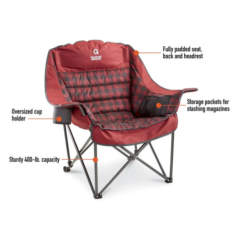 Oversized Extra Large Padded Camping Chair Portable Folding Lounge With Cup Holder Red Heavy Duty 400 Pound Capacity