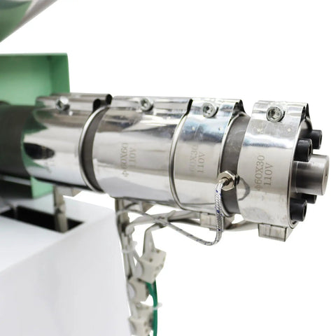 Close-up of the Pro Grade Single Screw Filament Extruder showing the stainless steel screw assembly and motor. 110V feature.