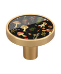 Rustic Forest Mushroom Cabinet Knobs 4 Pack, Round Drawer Pulls And Dresser Handles, 1-1/4 Inch with gold base and printed mushroom design.