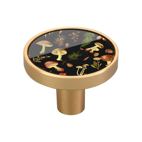 Rustic Forest Mushroom Cabinet Knobs 4 Pack, Round Drawer Pulls And Dresser Handles, 1-1/4 Inch with gold base and printed mushroom design.