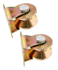 Two Pack Beefy Heavy Duty Steel Pulley Block Swivel Wheel Set For Sliding Doors Track Systems Barn Gates And Garage Applications V Shaped Groove Wheel Replacement Part in golden finish