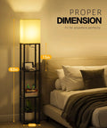 Three Tier Floor Lamp With Shelves For Living Room Black Finish With 11W LED Bulb And Dual USB Ports Plus A Power Outlet next to bed