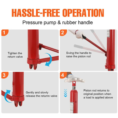 Built Tough 12 Ton Manual Cherry Picker Hydraulic Long Ram Jack With Easy Pump Handle For Zero Sweat Engine Hoist Cylinder Swap On Any Garage Shop Crane Red