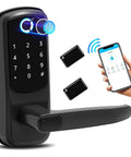 Black 6 In 1 Fingerprint Smart Door Lock with Anti Peep Keypad, Fob Key, Mechanical Key, and App Bluetooth Control and WiFi