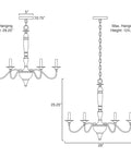 Dimensions of Montreal 29 Inch Six Light French Country Chandelier with Adjustable Height in Smoked Birch Finish shown in diagram