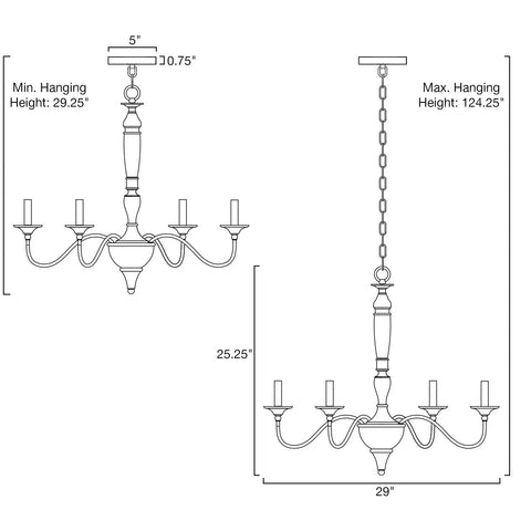 Dimensions of Montreal 29 Inch Six Light French Country Chandelier with Adjustable Height in Smoked Birch Finish shown in diagram