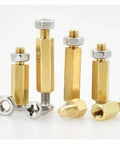 Brass Hex Screw Nut Kit For PC Builds M2 To M6 Standoffs Spacers And Mounting Brackets Ideal For Motherboards And Rack Boards Includes 3 To 10 Pieces Of Threaded Nuts And Copper Brass Inserts. Brass hex standoffs with nuts, shown in mixed lengths on white background