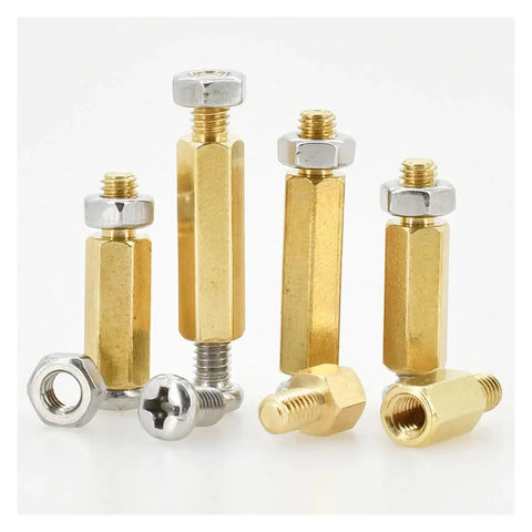 Brass Hex Screw Nut Kit For PC Builds M2 To M6 Standoffs Spacers And Mounting Brackets Ideal For Motherboards And Rack Boards Includes 3 To 10 Pieces Of Threaded Nuts And Copper Brass Inserts. Brass hex standoffs with nuts, shown in mixed lengths on white background