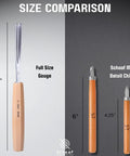 Pro Level Wood Carving Chisel Set Seven Piece Gouges With Cr-V 60 Steel showing size comparison of full size gouge and mini detail chisel.
